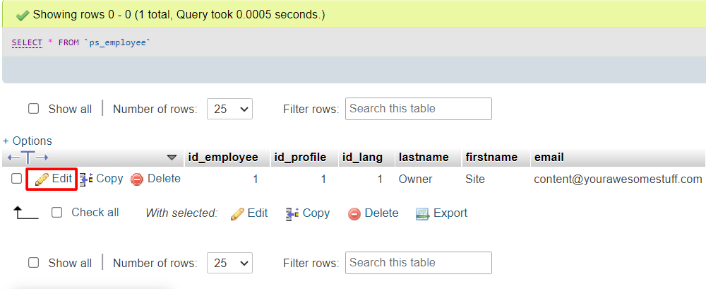 Sección para editar en phpMyAdmin