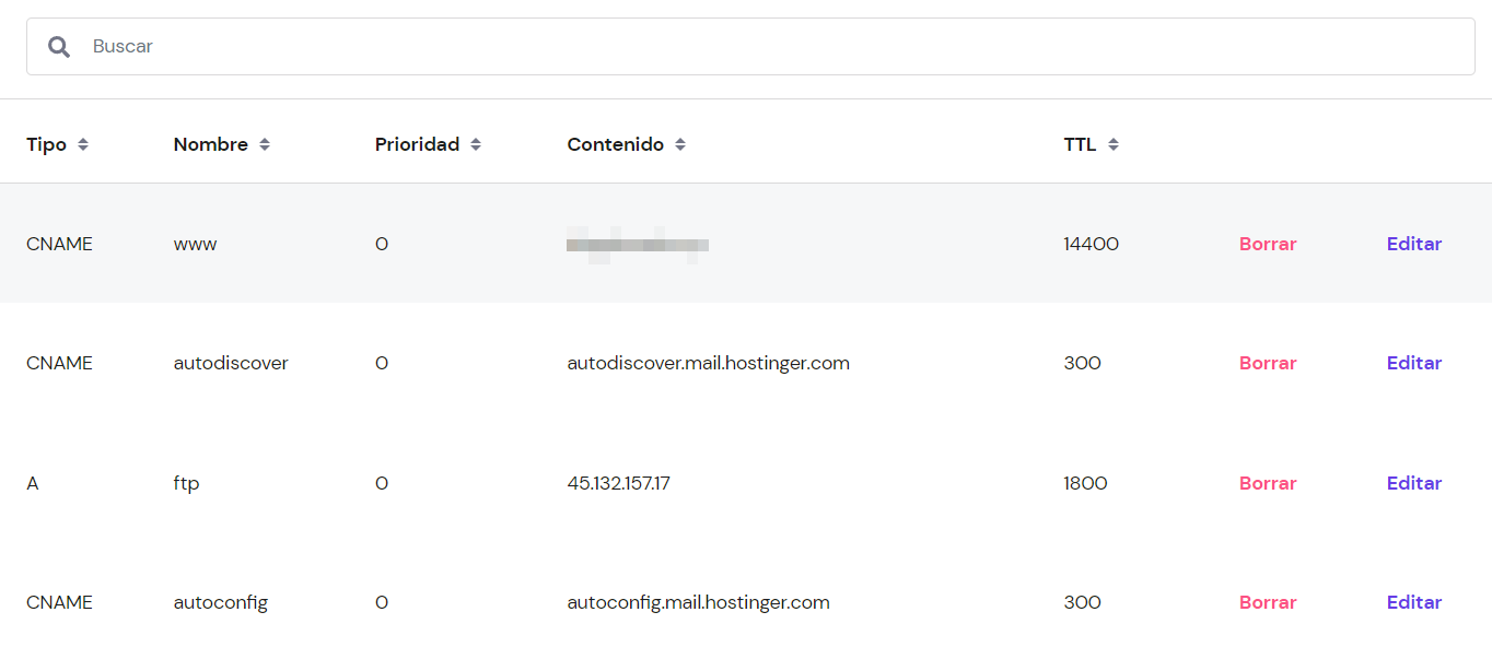 Lista de registros en hPanel