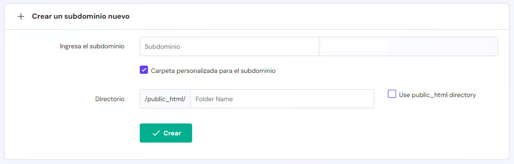 Crear nuevo subdominio en hPanel