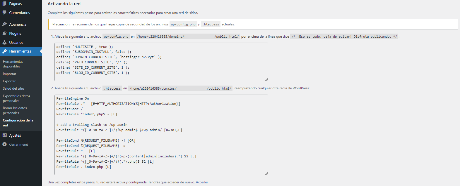 Configuraci&oacute;n de la red en WP