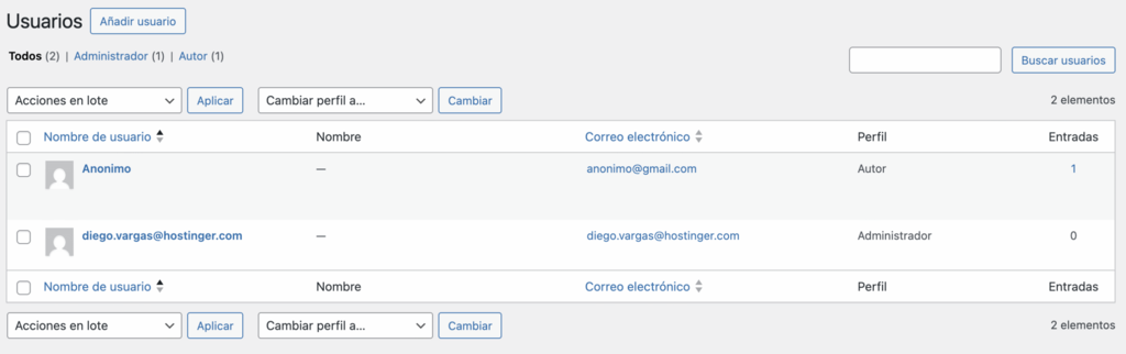 Secci&oacute;n de usuarios en WP