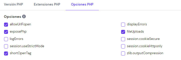 Imagen que muestra displayErrors desmarcado en hPanel