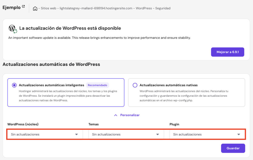 Secci&oacute;n de seguridad de WP