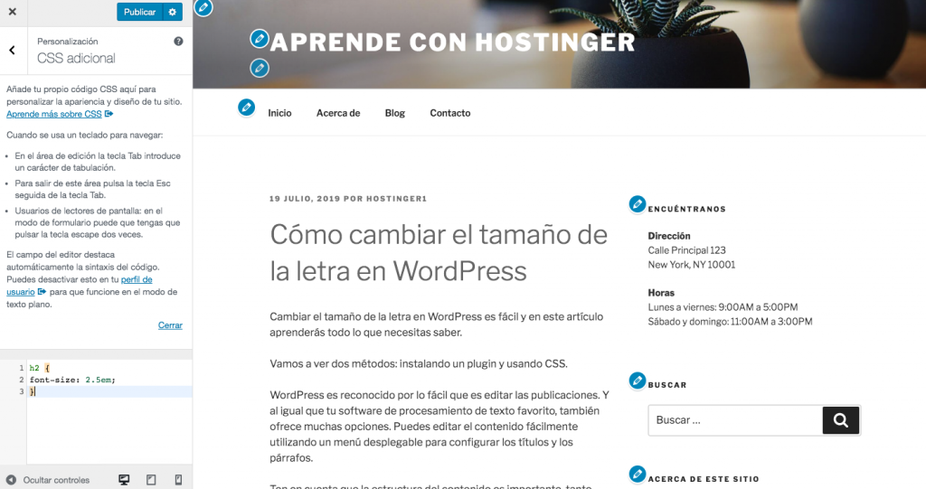 Cambiar el tamaño de fuente del encabezado usando CSS adicional