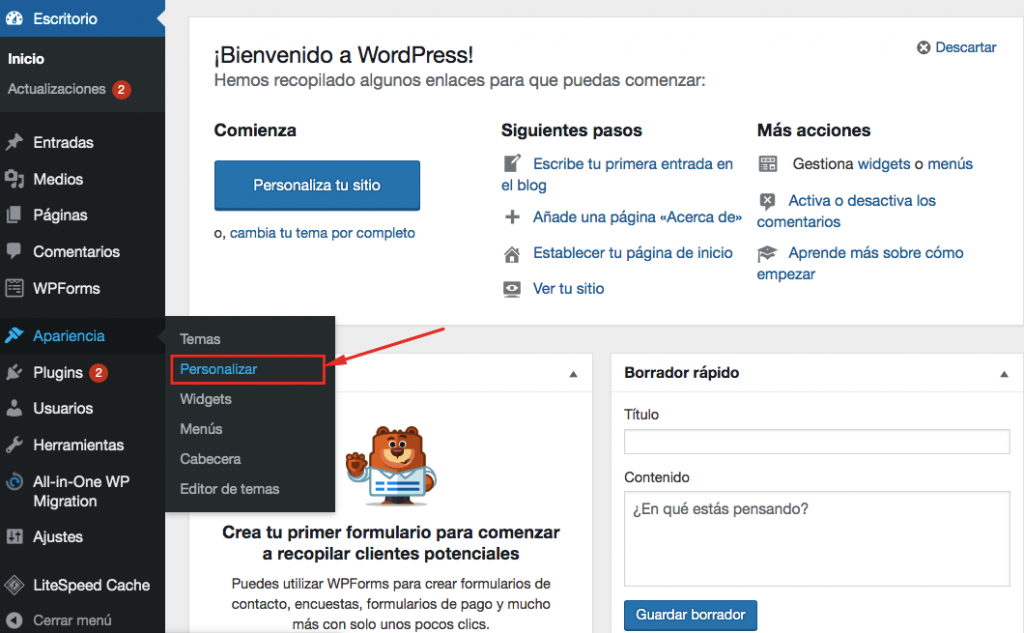 Elegir el menú de personalizar en WordPress