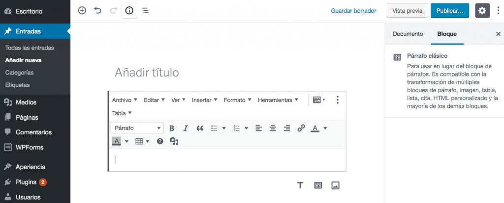 Crear una nueva publicación con el plugin TinyMCE Advanced instalado