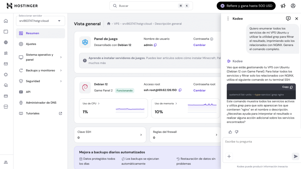 Panel de control VPS de hPanel