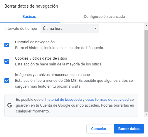 Borrar datos de navegación en Chrome
