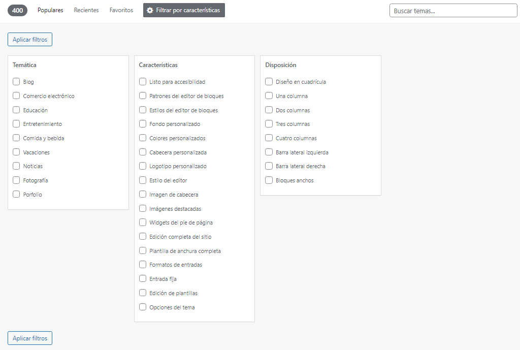 Filtrar temas por características en WordPress