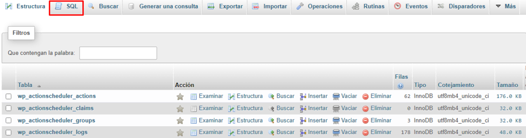 Sección SQL en PHPMyAdmin