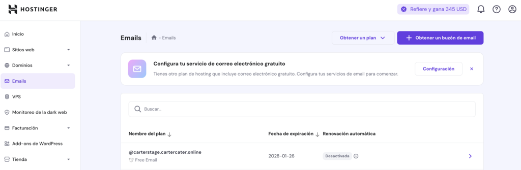 Secci&oacute;n de Emails de hPanel