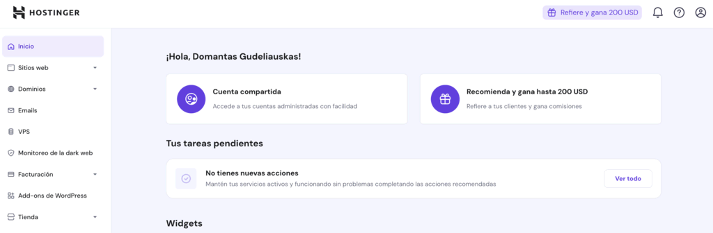 Panel de inicio de hPanel