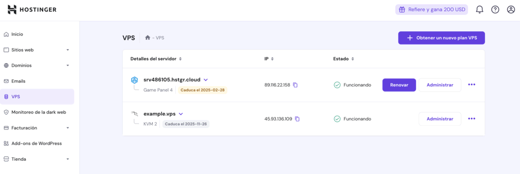 Sección VPS de hPanel