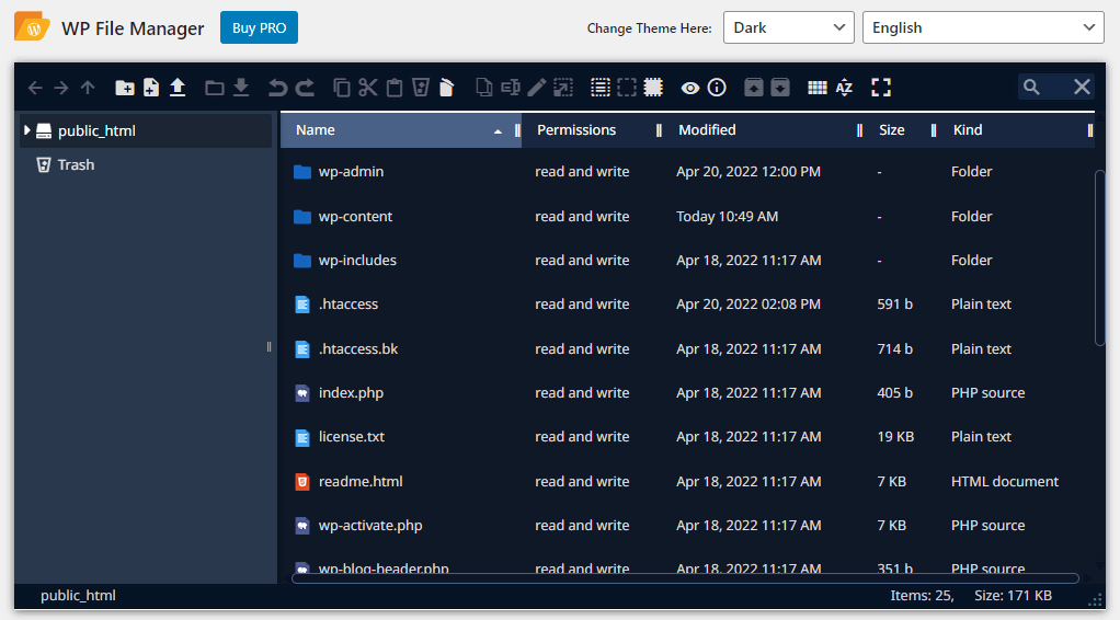 Interfaz del plugin File Manager en el panel de control