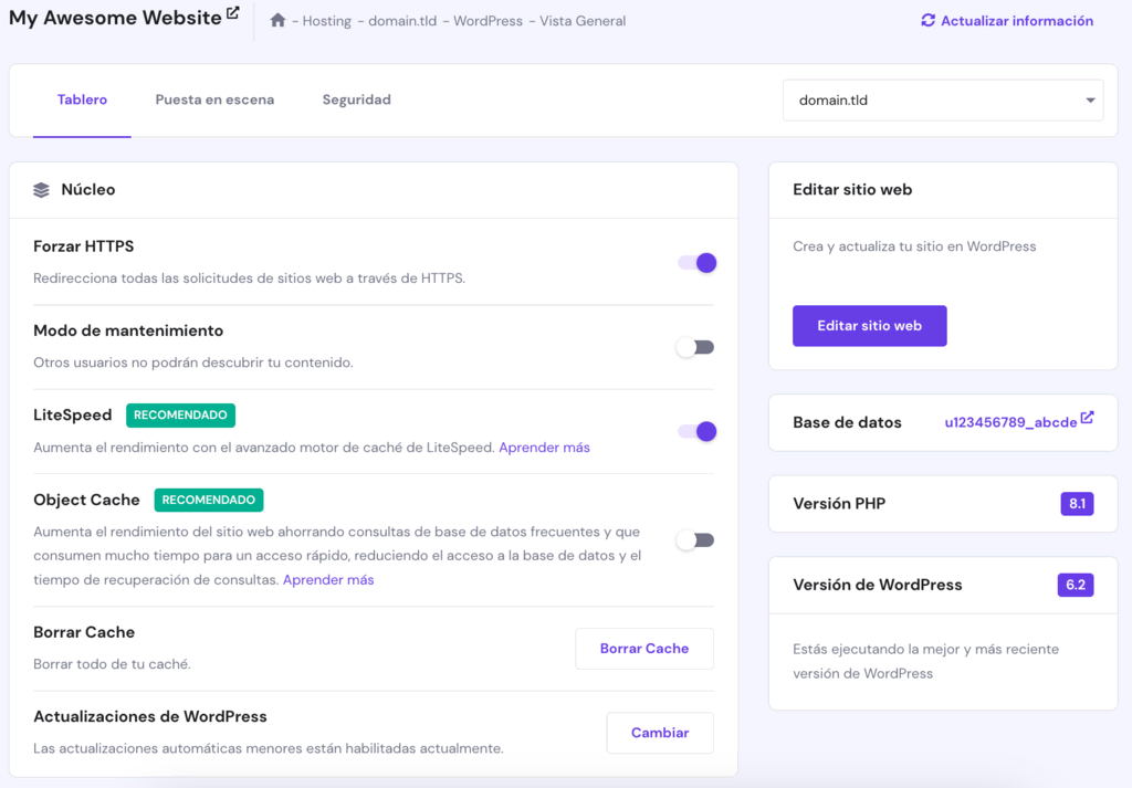 Opción Modo Mantenimiento en la sección de WordPress de hPanel.