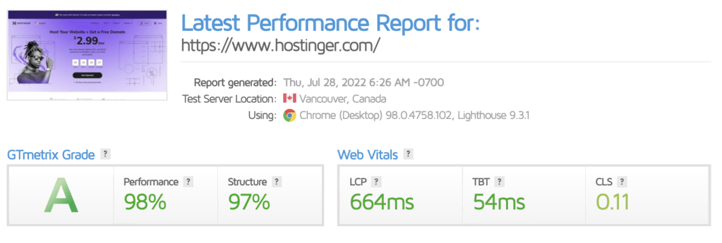 Reporte de desempeño de GTmetrix