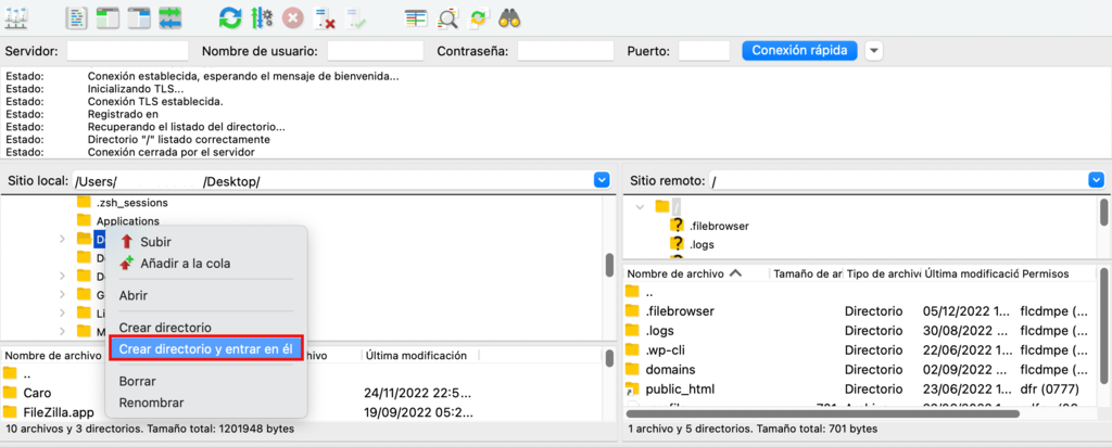 Opción de crear directorio en FileZilla