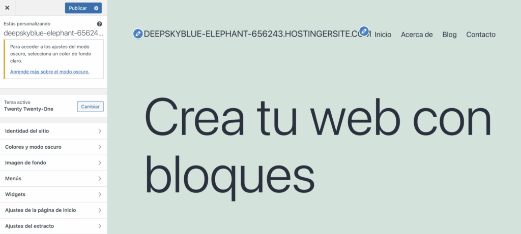 Página para personalizar un sitio de WordPress