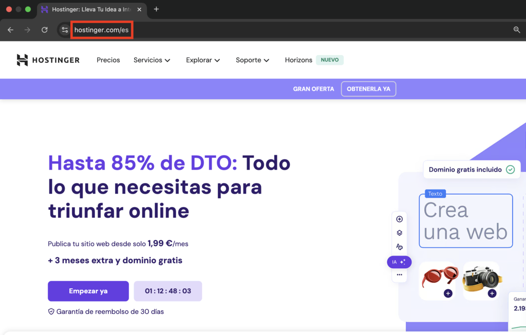 URL de la web de Hostinger