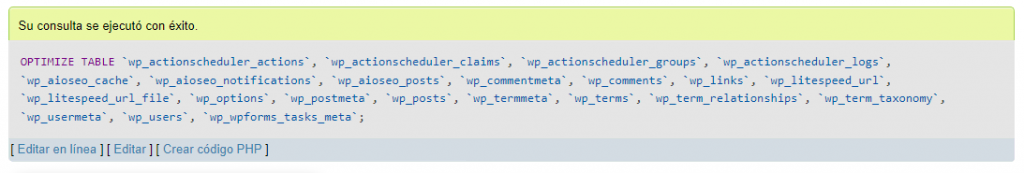 Mensaje de consulta correcta en phpMyAdmin