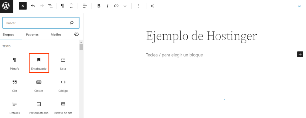 Opci&oacute;n Encabezado del editor Gutenberg