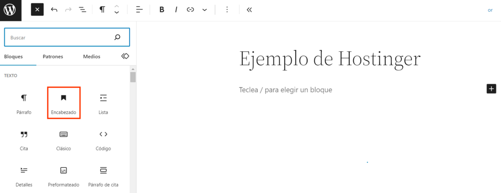 Opción Encabezado del editor Gutenberg