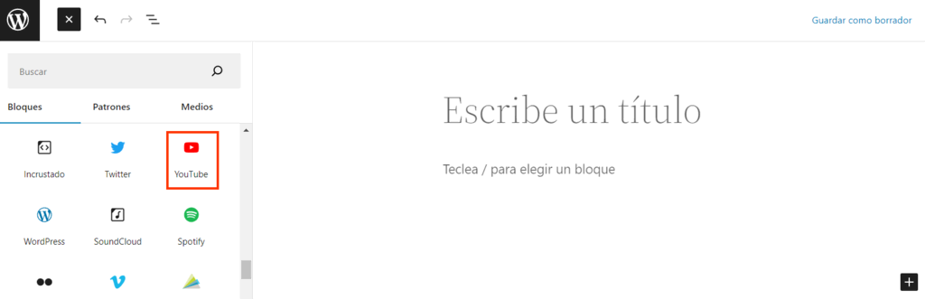 Opción de Añadir video de YouTube de Gutenberg