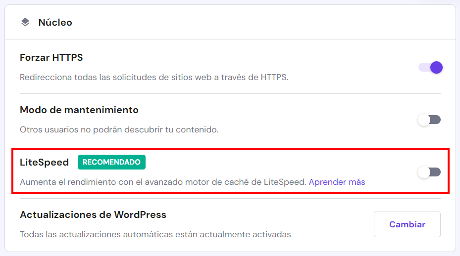 Opción para activar LiteSpeed en hPanel