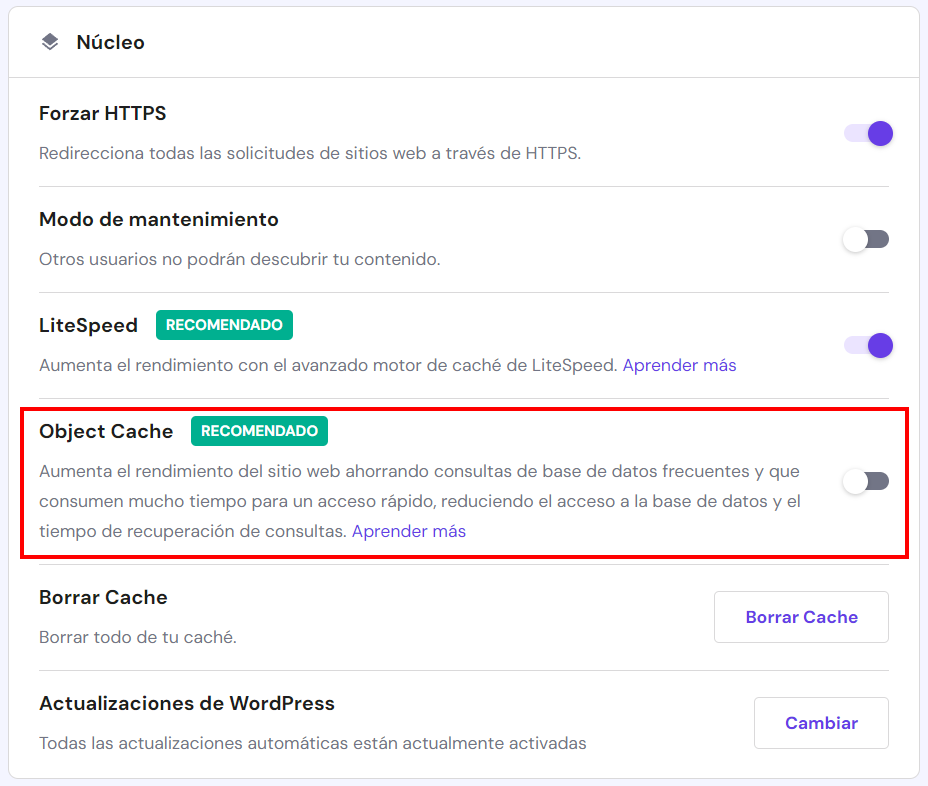 Opción para activar Object Cache en hPanel
