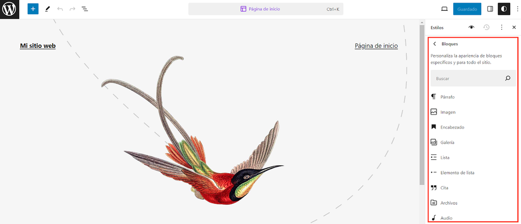 Opciones de la secci&oacute;n Bloques del editor de WordPress