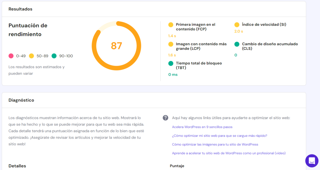Resultados de la Página de velocidad de hPanel