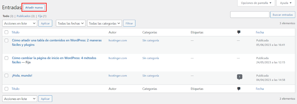 Secci&oacute;n Entradas de WordPress