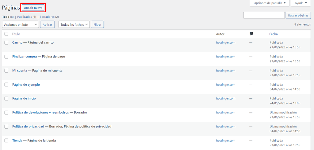 Secci&oacute;n de P&aacute;ginas de WordPress