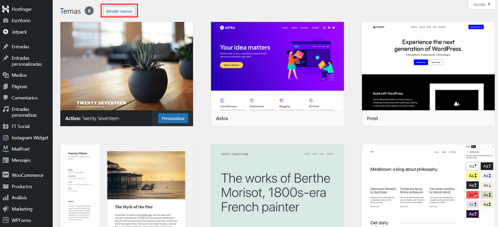 Secci&oacute;n de Temas de WordPress