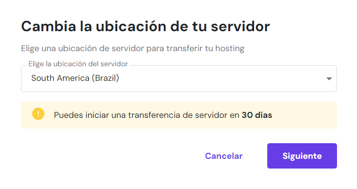 Ventana Cambia la ubicación de tu servidor en hPanel