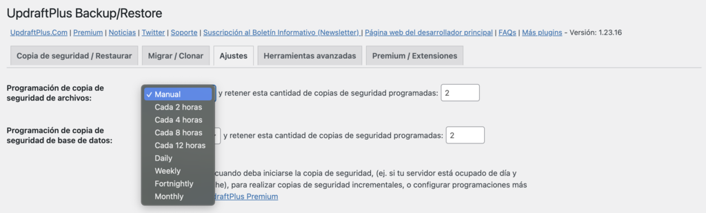 Programación de copia de seguridad de archivos de UpdraftPlus