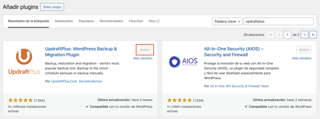 Sección de Añadir plugins de WP