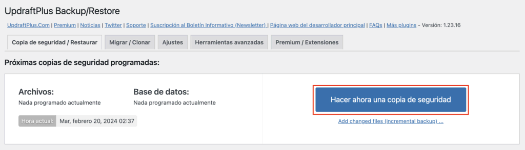 Plugin UpdraftPlus de WP 