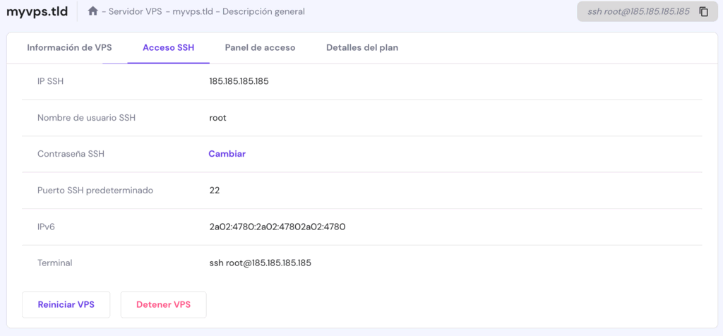 Acceso SSH del menú general de su VPS en hPanel