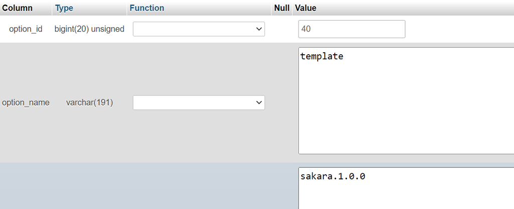El campo option_value del panel de modificación de la plantilla de wp_option
