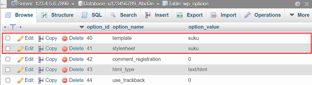 Las filas de plantillas y hojas de estilo en wp_option de phpMyAdmin