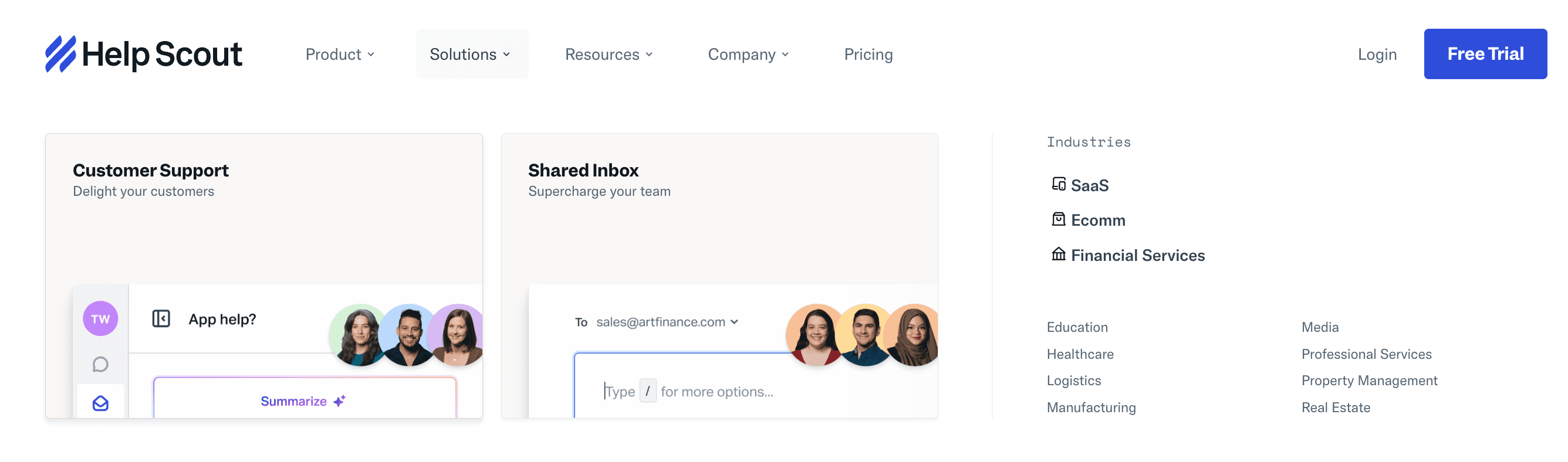 Menú detallado de Help Scout