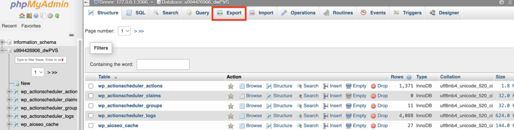 Opci&oacute;n Exportar de phpMyAdmin