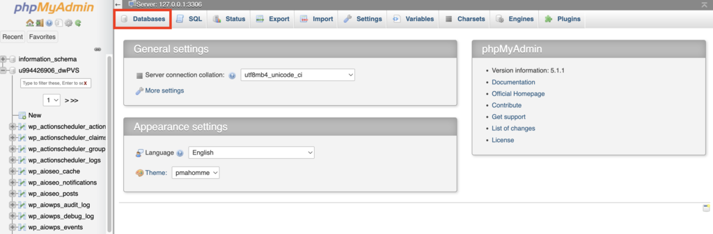 Opci&oacute;n Databases de phpMyAdmin