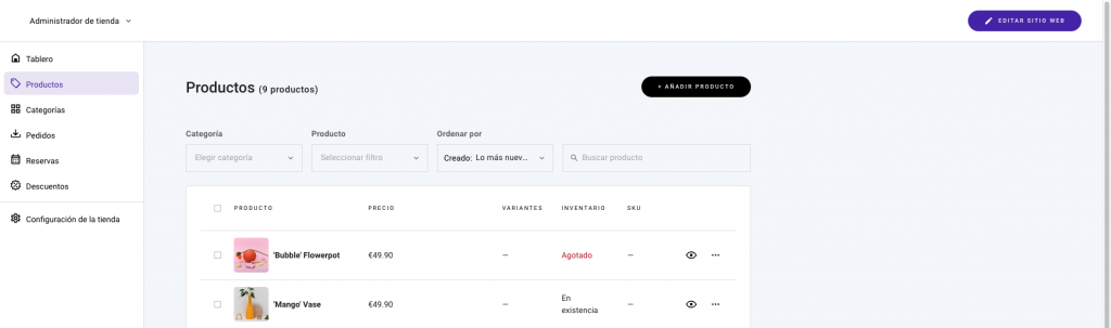 P&aacute;gina de productos del Creador de sitios web de Hostinger