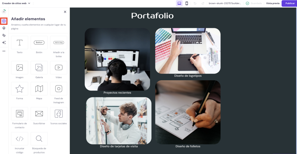 A&ntilde;adir elementos en el Creador web de Hostinger