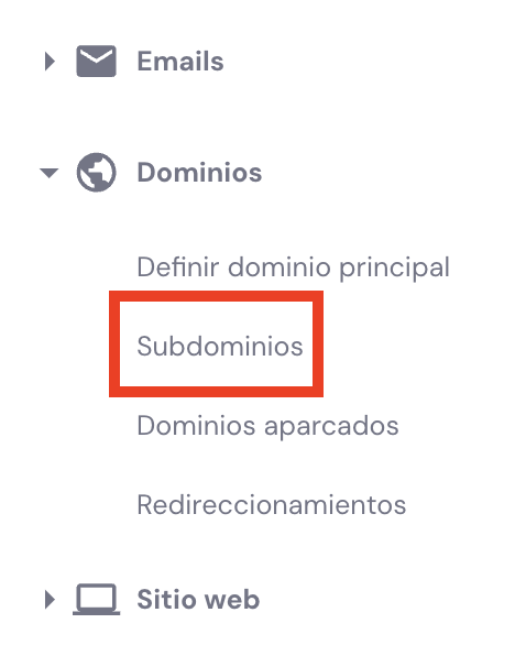 Menú de Dominios de hPanel