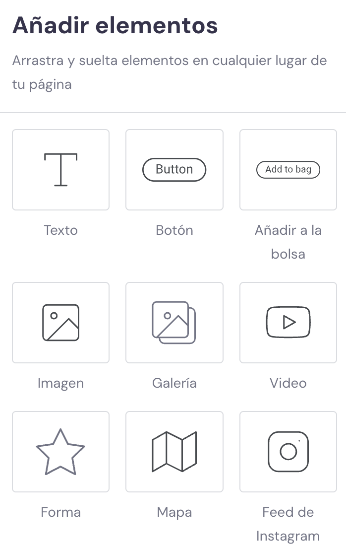 Sección para añadir elementos en el Creador de Hostinger