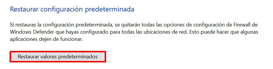 Botón de Restaurar valores predeterminados