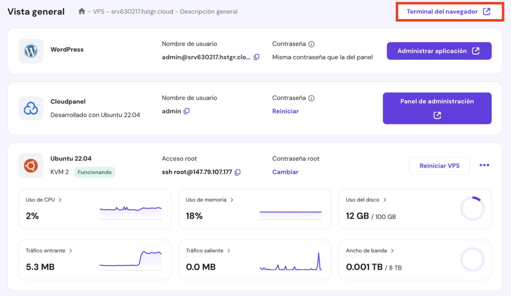 Botón Terminal del navegador de hPanel